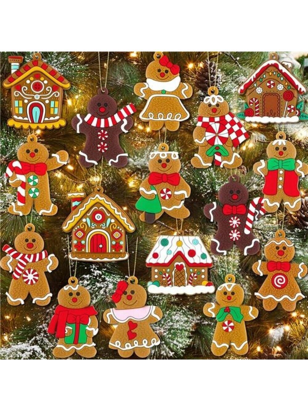 Gingerbread man ornaments set with gingerbread house Christmas tree decorations